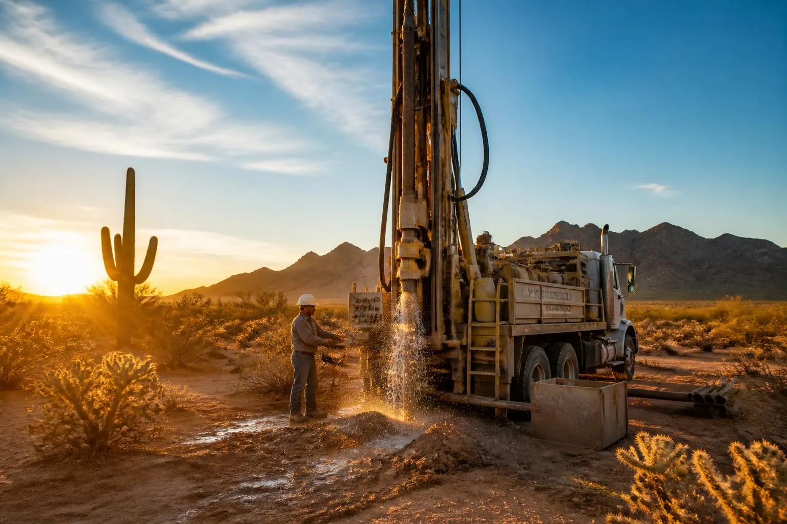 Water well drilling rig at sunset on Arizona desert property